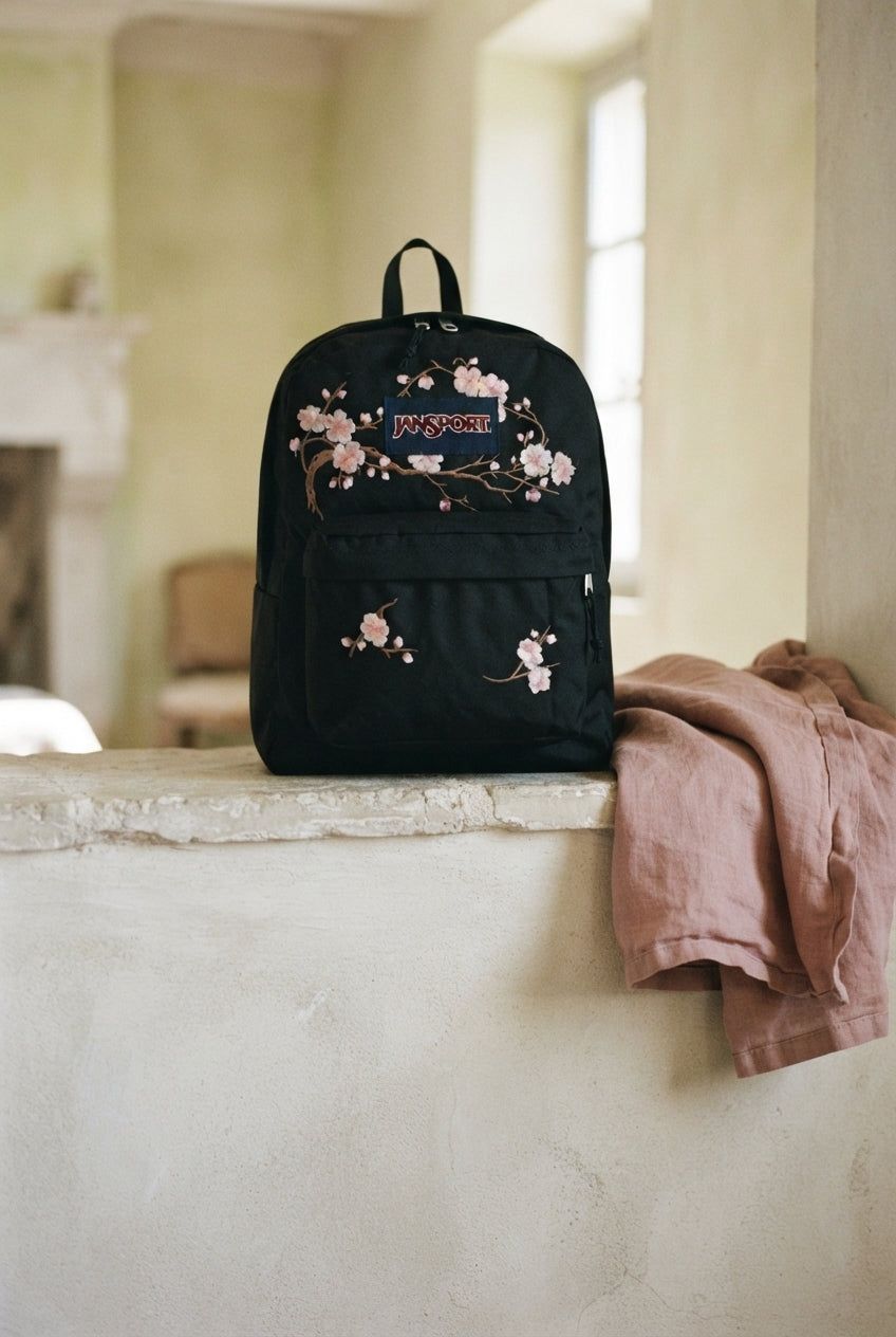 Sakura embroidery backpack on a stone ledge