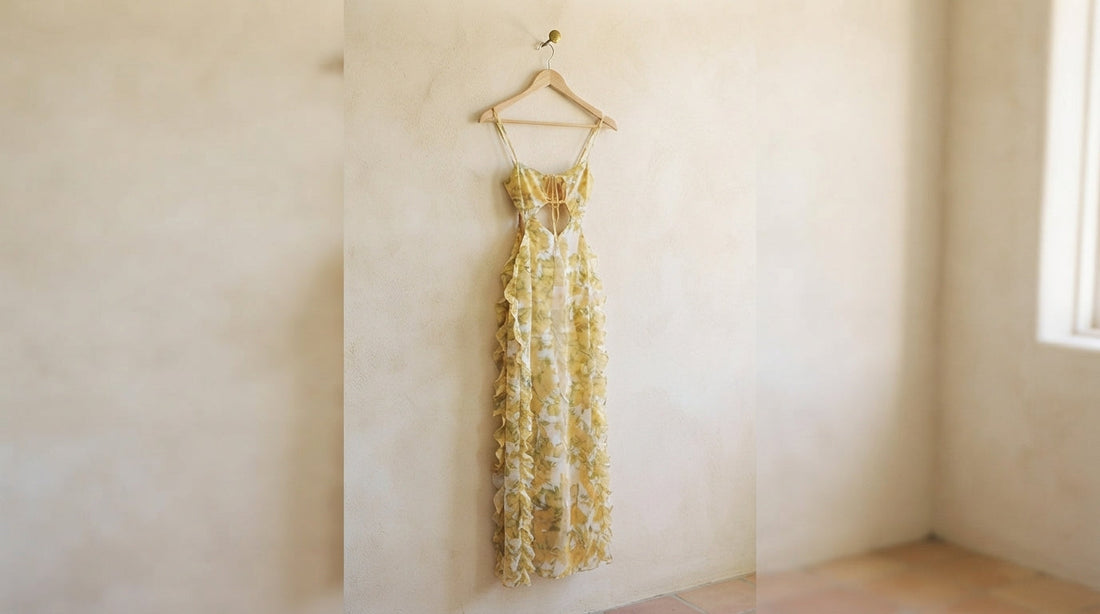 The Sunset Kisses ruffle maxi dress on a hanger