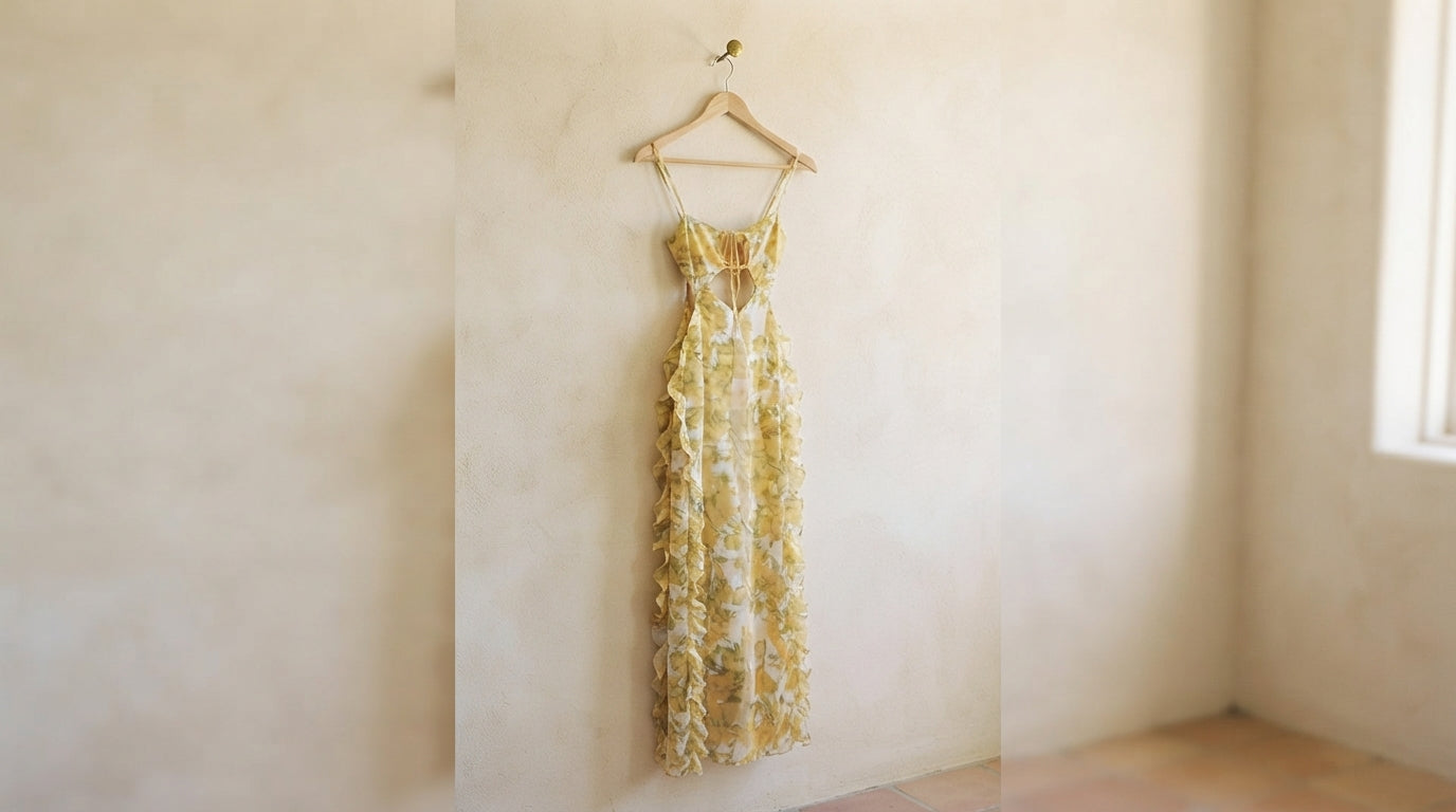 The Sunset Kisses ruffle maxi dress on a hanger