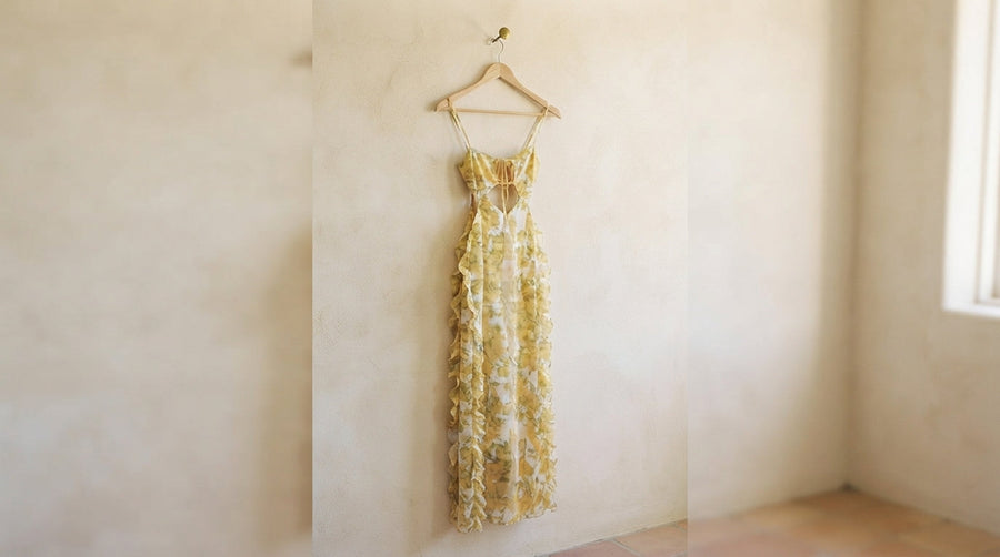 The Sunset Kisses ruffle maxi dress on a hanger
