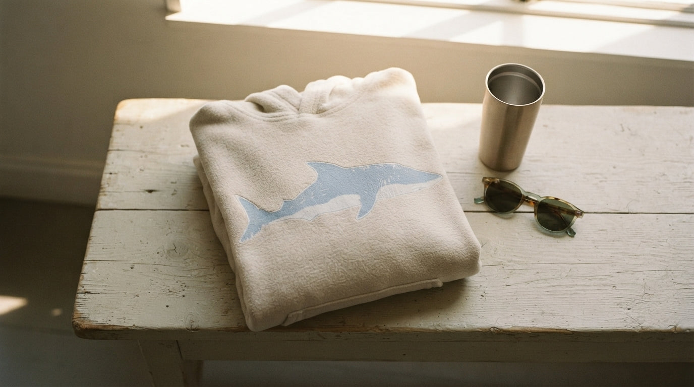 The Shark Bay hoodie folded with accessories
