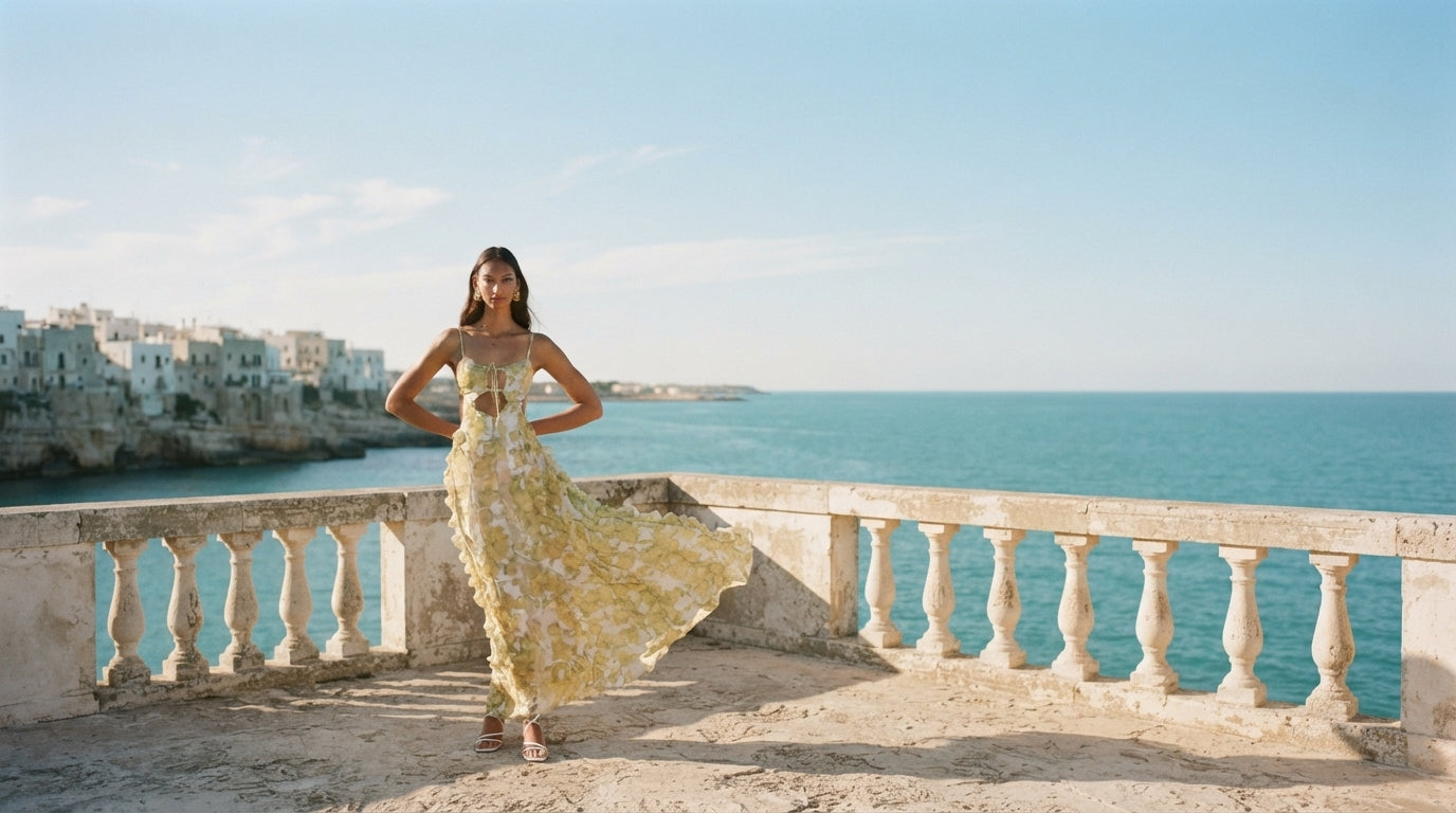 Model in the Sunset Kisses ruffle maxi dress on a Mediterranean terrace