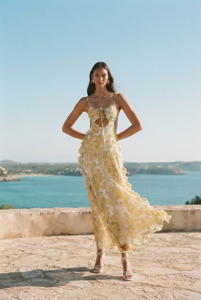 Model in the Sunset Kisses ruffle maxi dress on a Mediterranean terrace