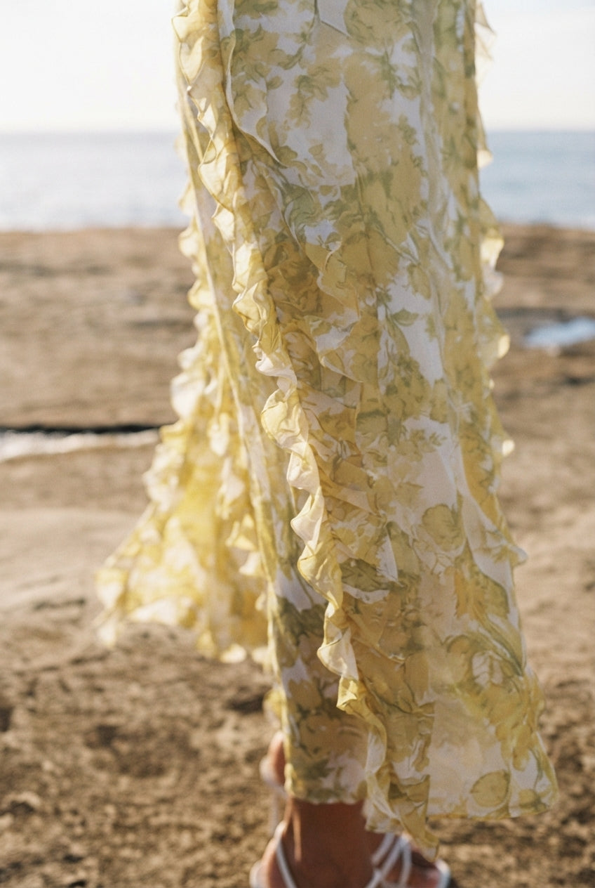 Detail of the Sunset Kisses ruffle maxi dress