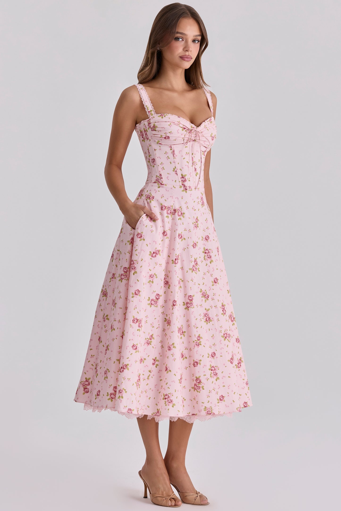 Vintage Rose Pink Floral Print Midi Dress